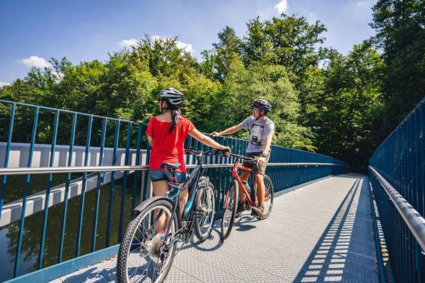 Rad- und Wandern am Mulderadweg Zwei Radfahrer auf einer Brücke über der Zwickauer Mulde am Mulderadweg